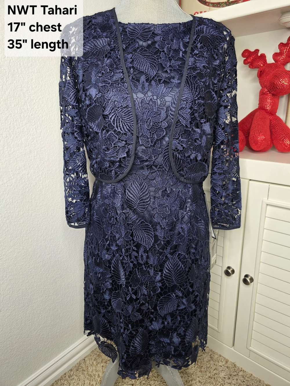NWT Tahari 2 PC  Navy Lace Sheath Dress with Matching Jacket sz 4